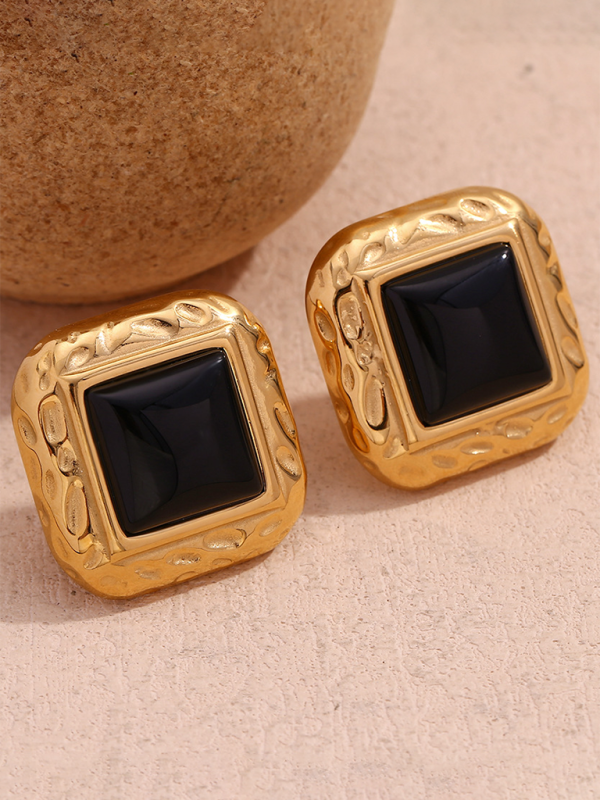VEarrings - Vintage Stainless Steel Classic Hammered - Pattern Square Black Acrylic