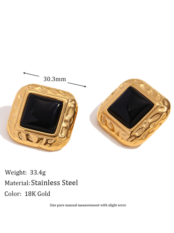 VEarrings - Vintage Stainless Steel Classic Hammered - Pattern Square Black Acrylic