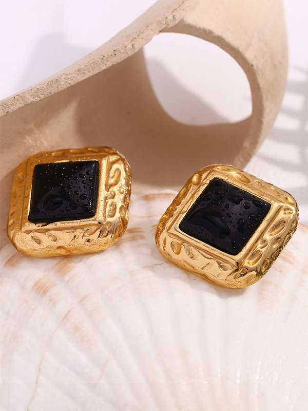 VEarrings - Vintage Stainless Steel Classic Hammered - Pattern Square Black Acrylic