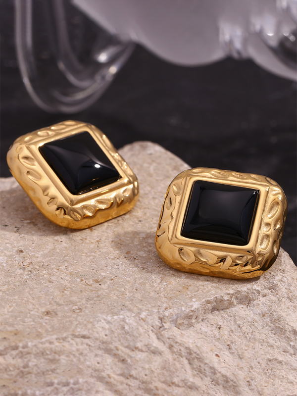 VEarrings - Vintage Stainless Steel Classic Hammered - Pattern Square Black Acrylic