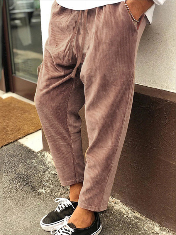 Loose Casual Straight Cropped Pants - Corduroy