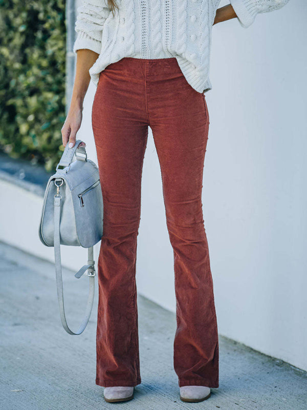 Flared Corduroy Elastic Waist Casual Pants - High Waist Slim - Solid Color