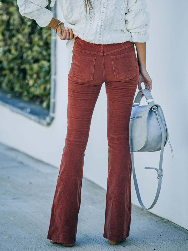 Flared Corduroy Elastic Waist Casual Pants - High Waist Slim - Solid Color