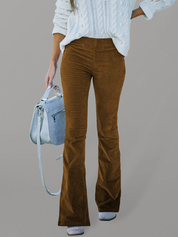 Flared Corduroy Elastic Waist Casual Pants - High Waist Slim - Solid Color