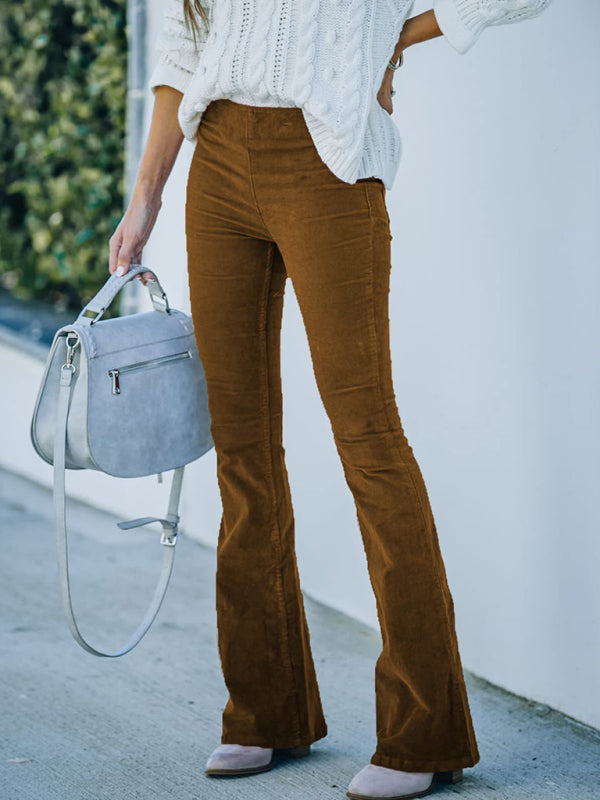 Flared Corduroy Elastic Waist Casual Pants - High Waist Slim - Solid Color