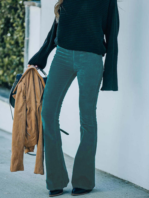 Flared Corduroy Elastic Waist Casual Pants - High Waist Slim - Solid Color