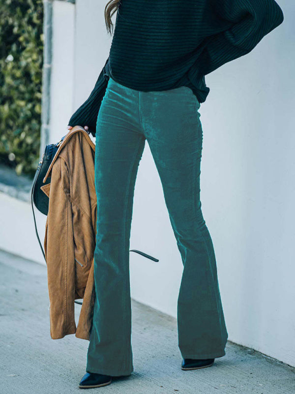 Flared Corduroy Elastic Waist Casual Pants - High Waist Slim - Solid Color