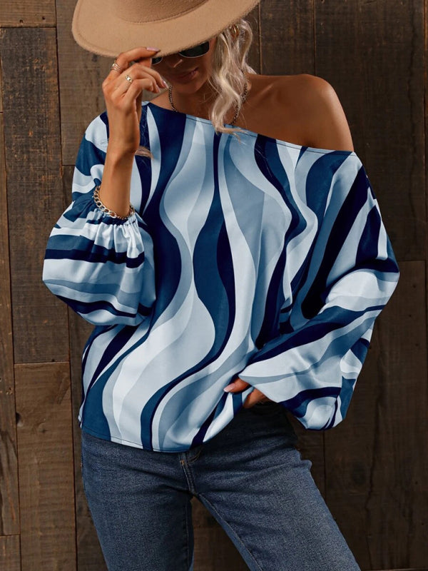 Alphabet Print - One Shoulder Loose Balloon Sleeve Top