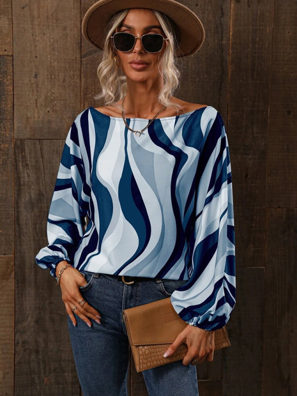 Alphabet Print - One Shoulder Loose Balloon Sleeve Top