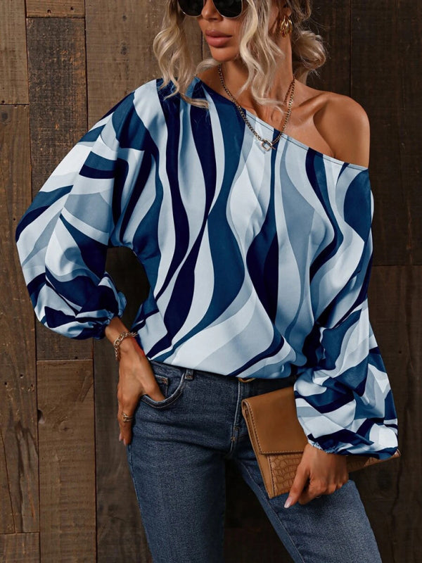 Alphabet Print - One Shoulder Loose Balloon Sleeve Top