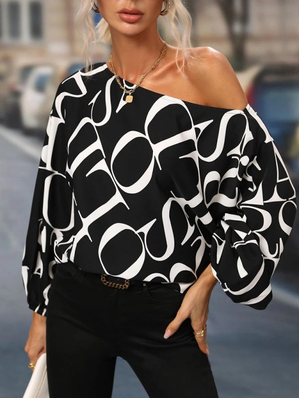Alphabet Print - One Shoulder Loose Balloon Sleeve Top