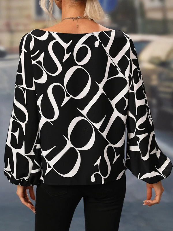 Alphabet Print - One Shoulder Loose Balloon Sleeve Top