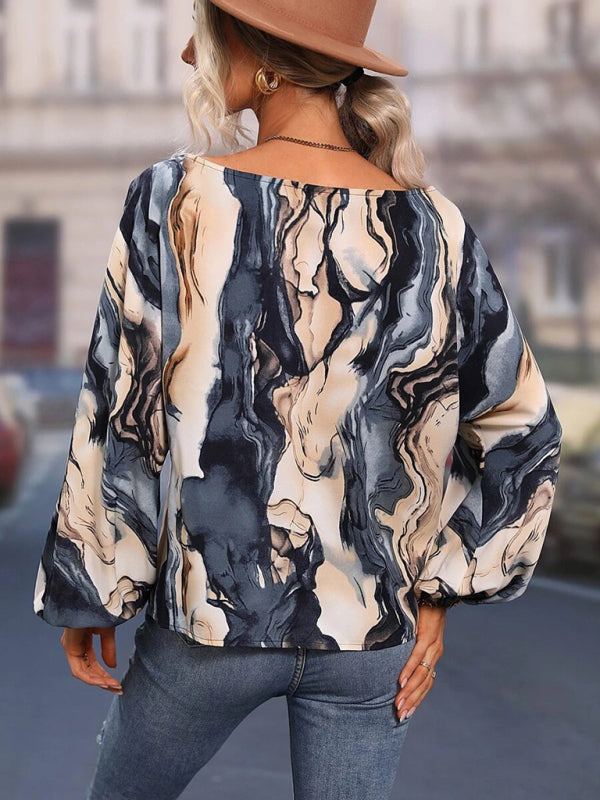 Alphabet Print - One Shoulder Loose Balloon Sleeve Top