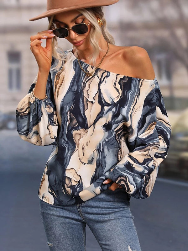 Alphabet Print - One Shoulder Loose Balloon Sleeve Top