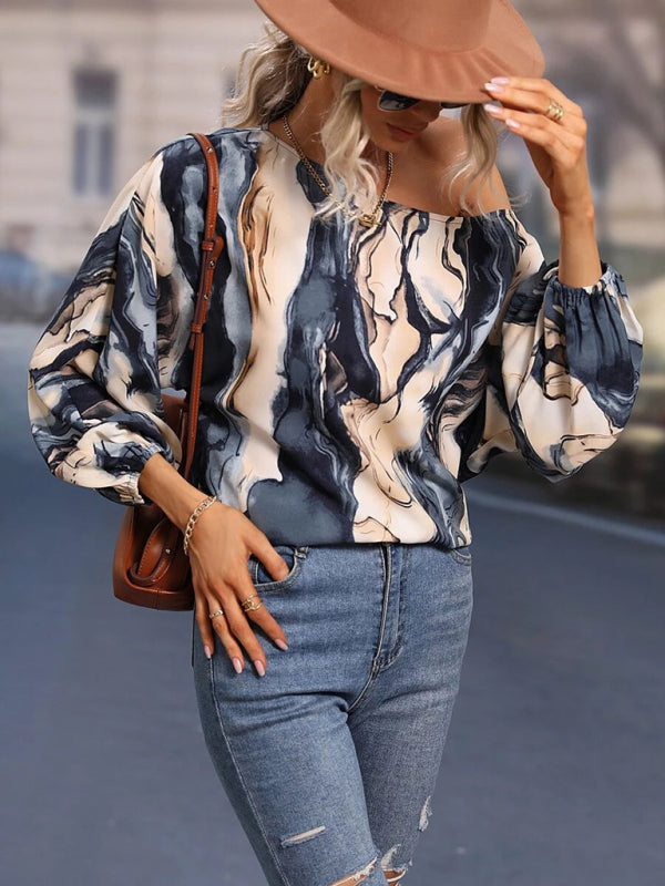 Alphabet Print - One Shoulder Loose Balloon Sleeve Top