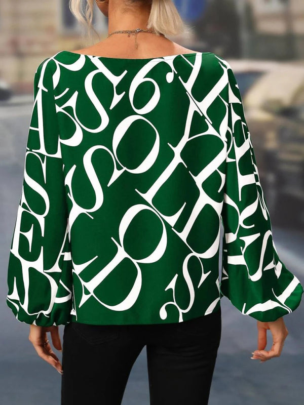 Alphabet Print - One Shoulder Loose Balloon Sleeve Top