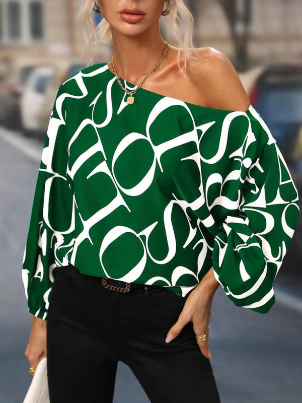 Alphabet Print - One Shoulder Loose Balloon Sleeve Top