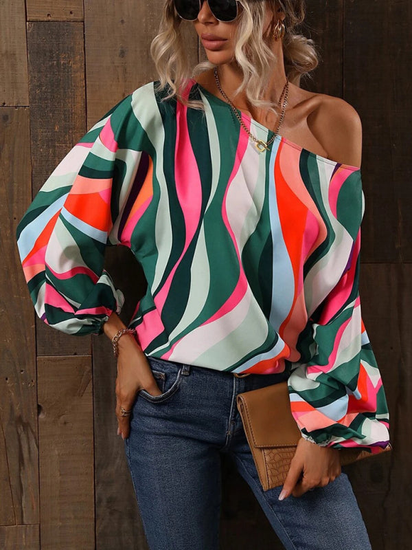 Alphabet Print - One Shoulder Loose Balloon Sleeve Top