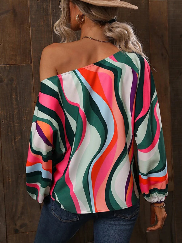 Alphabet Print - One Shoulder Loose Balloon Sleeve Top