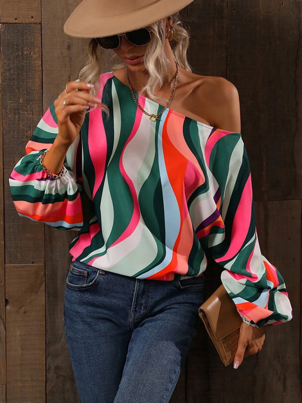 Alphabet Print - One Shoulder Loose Balloon Sleeve Top
