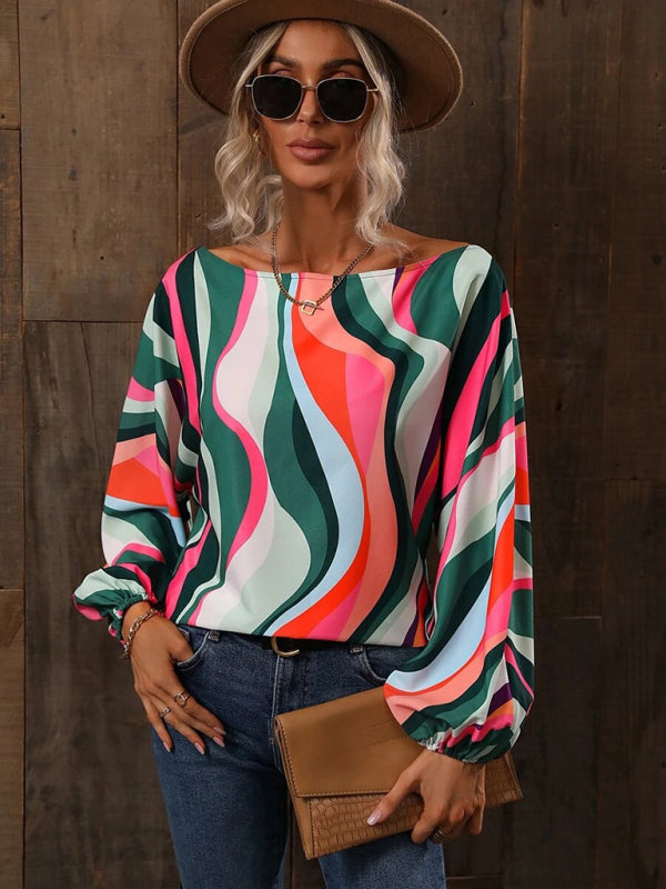 Alphabet Print - One Shoulder Loose Balloon Sleeve Top