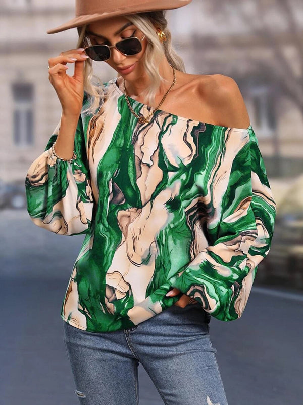 Alphabet Print - One Shoulder Loose Balloon Sleeve Top