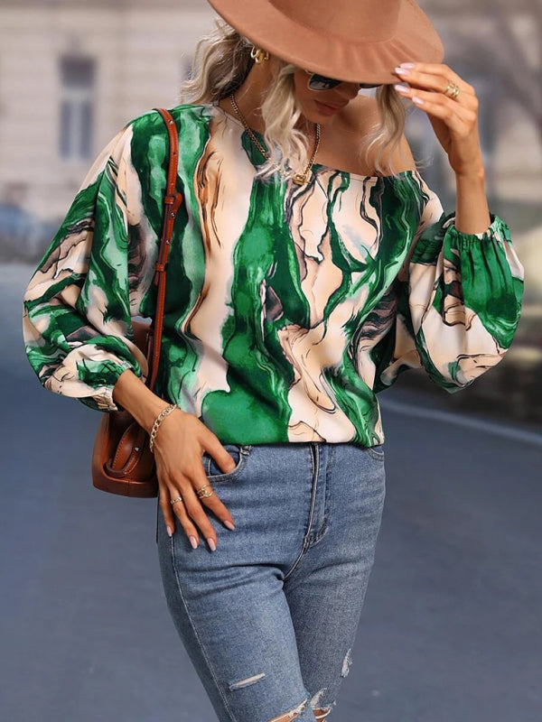 Alphabet Print - One Shoulder Loose Balloon Sleeve Top