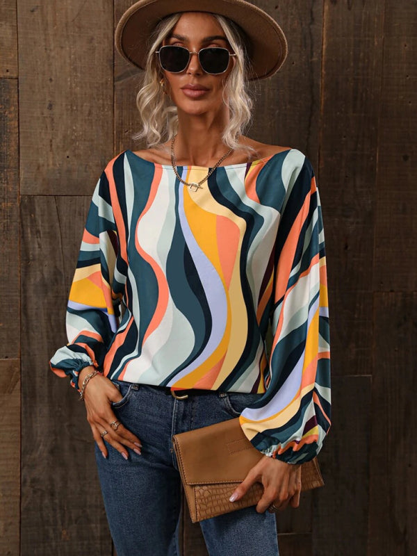Alphabet Print - One Shoulder Loose Balloon Sleeve Top