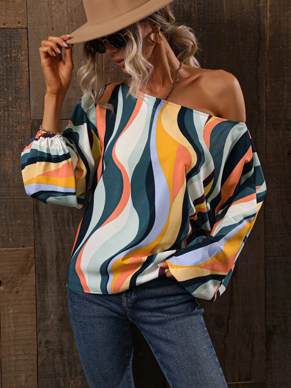 Alphabet Print - One Shoulder Loose Balloon Sleeve Top
