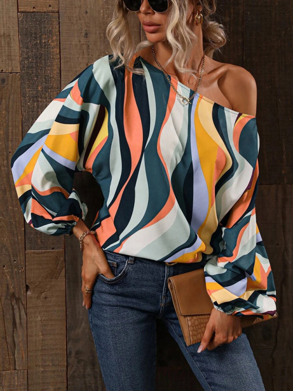 Alphabet Print - One Shoulder Loose Balloon Sleeve Top
