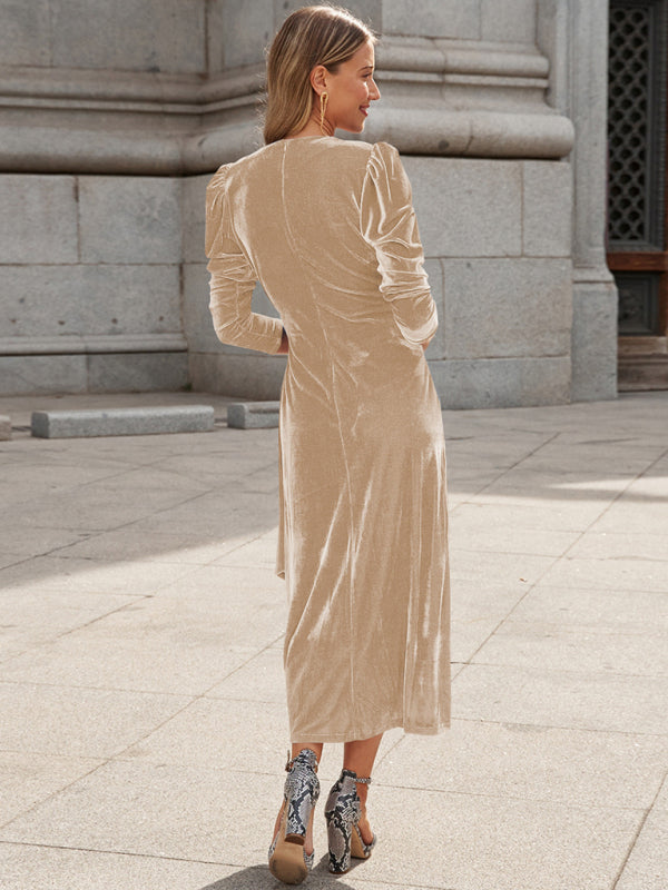 Everyday Dress - French Elegant Long Sleeve Evening Gown Gold Velvet