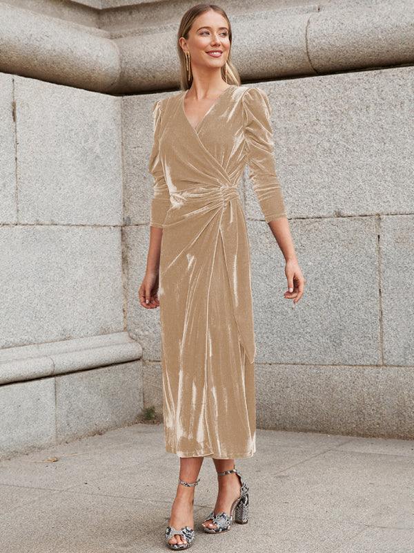Everyday Dress - French Elegant Long Sleeve Evening Gown Gold Velvet