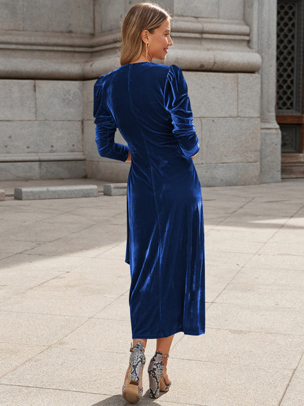 Everyday Dress - French Elegant Long Sleeve Evening Gown Gold Velvet