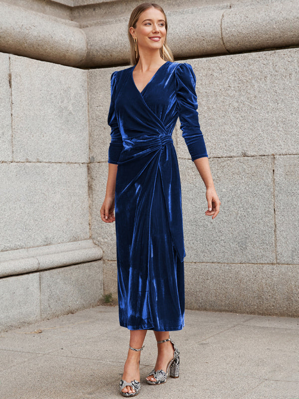 Everyday Dress - French Elegant Long Sleeve Evening Gown Gold Velvet