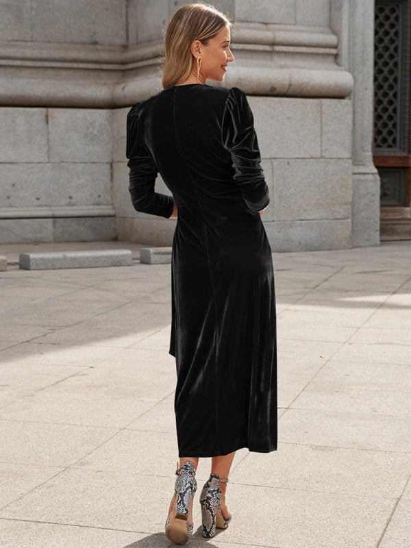 Everyday Dress - French Elegant Long Sleeve Evening Gown Gold Velvet