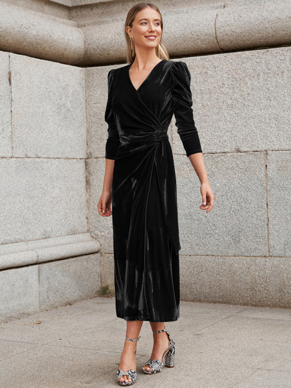 Everyday Dress - French Elegant Long Sleeve Evening Gown Gold Velvet
