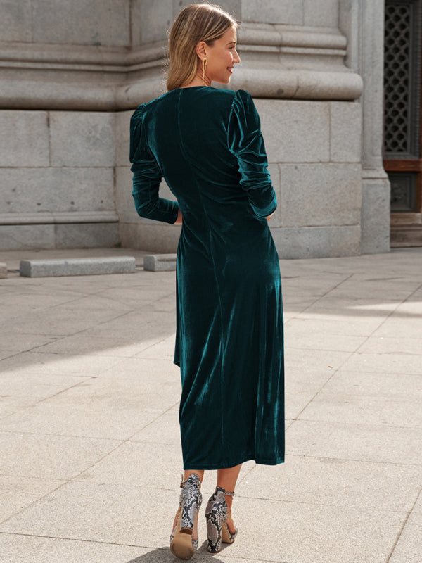 Everyday Dress - French Elegant Long Sleeve Evening Gown Gold Velvet