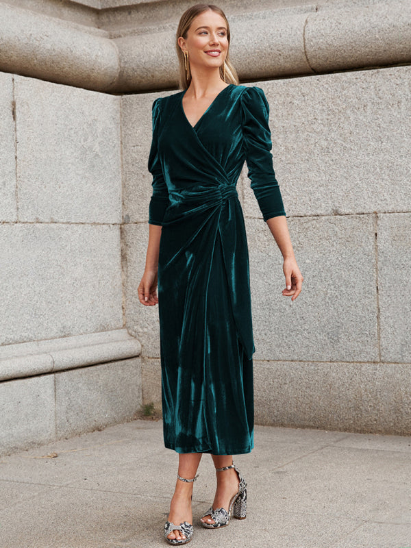 Everyday Dress - French Elegant Long Sleeve Evening Gown Gold Velvet