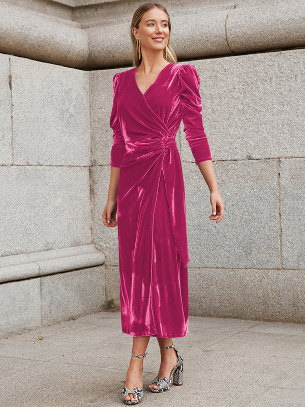 Everyday Dress - French Elegant Long Sleeve Evening Gown Gold Velvet