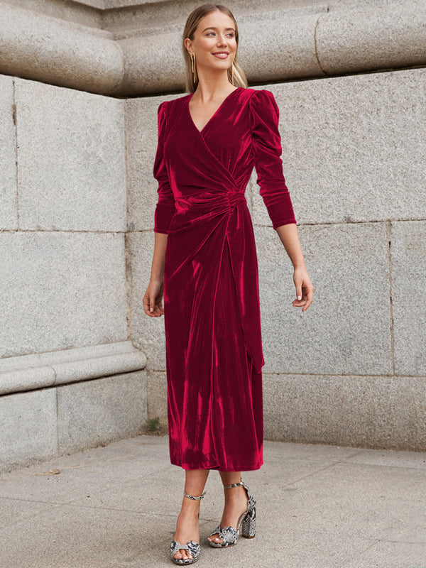 Everyday Dress - French Elegant Long Sleeve Evening Gown Gold Velvet