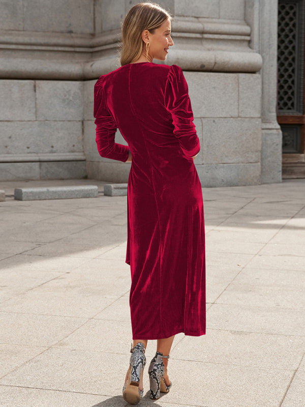 Everyday Dress - French Elegant Long Sleeve Evening Gown Gold Velvet