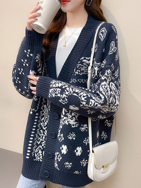 Cardigan - Christmas Deer Head Snowflake Jacquard Pullover Knitted
