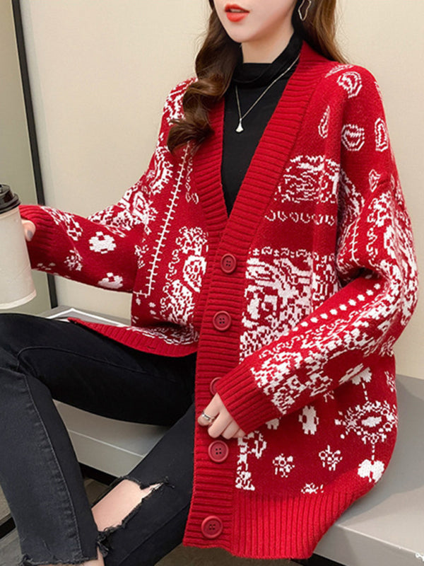 Cardigan - Christmas Deer Head Snowflake Jacquard Pullover Knitted