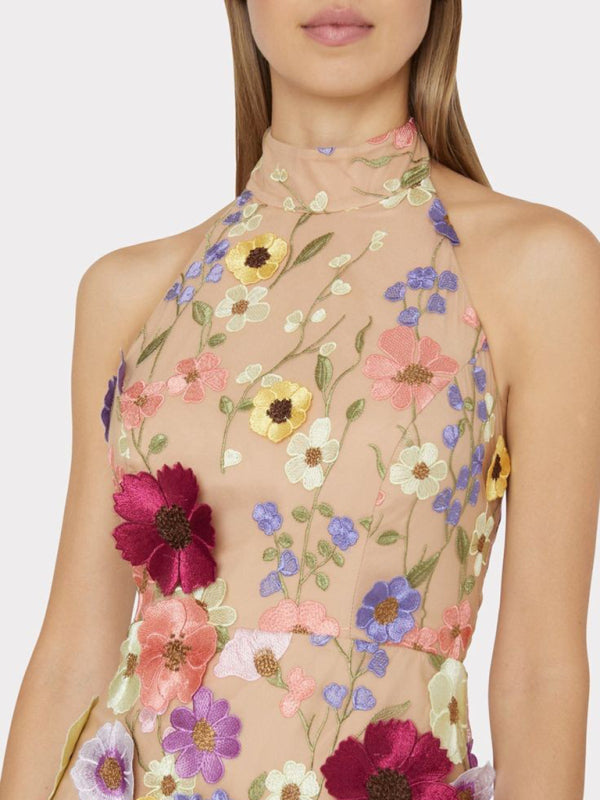 Party Dresses - Embroidered Three-dimensional Flower Halter Neck Slim Dress