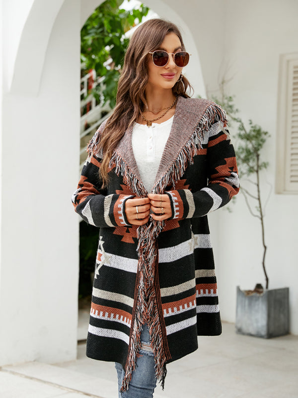 Cardigan - Fringed Geometric Jacquard Sweater