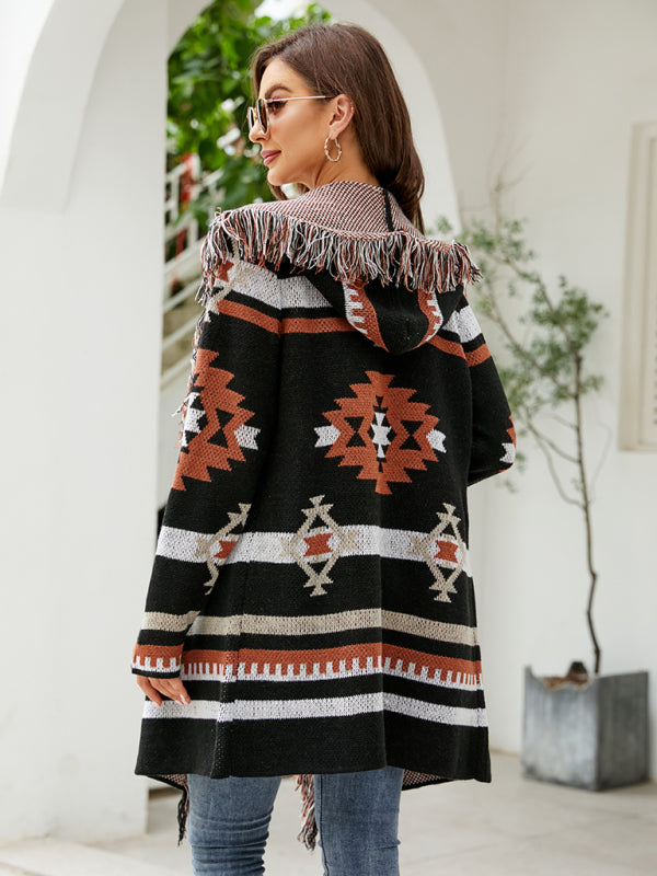 Cardigan - Fringed Geometric Jacquard Sweater