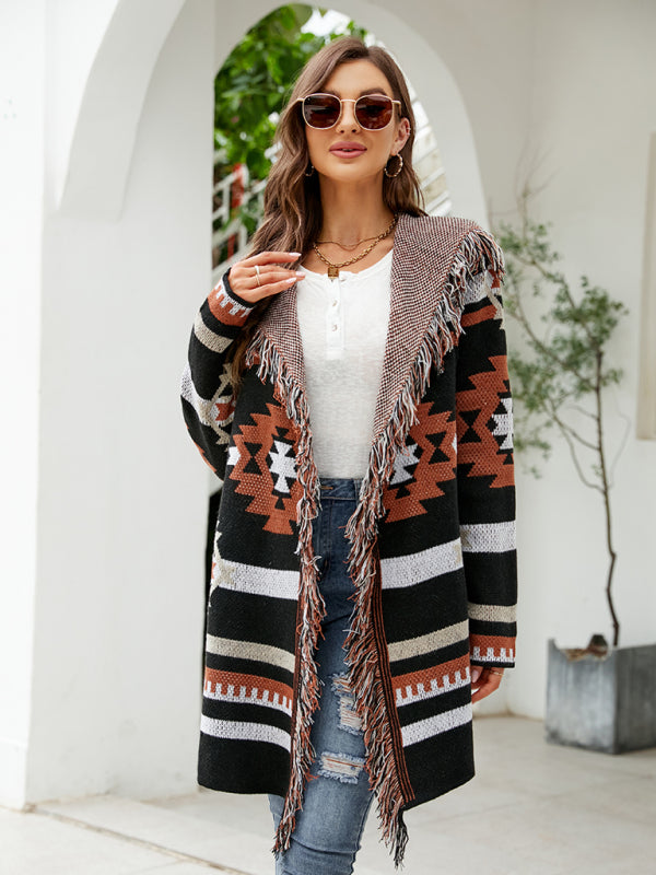 Cardigan - Fringed Geometric Jacquard Sweater