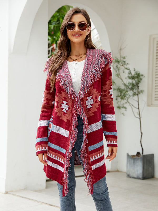 Cardigan - Fringed Geometric Jacquard Sweater