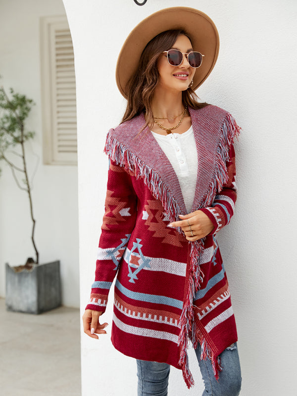 Cardigan - Fringed Geometric Jacquard Sweater