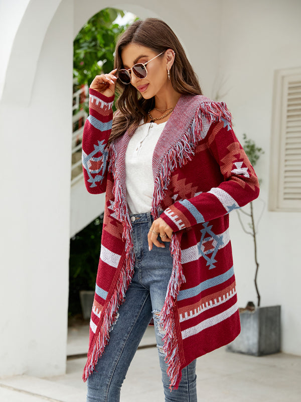 Cardigan - Fringed Geometric Jacquard Sweater